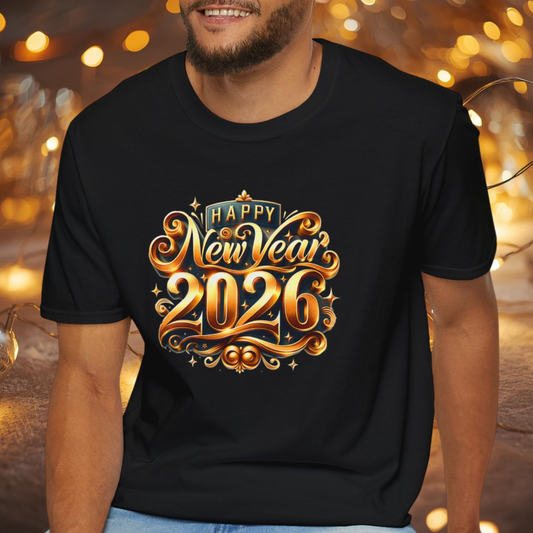 Happy New Year 2026 T-Shirt – Gold Ornate New Year Shirt, Elegant Luxury 2026 NYE Celebration Tee, Vintage Decorative Holiday Party Top