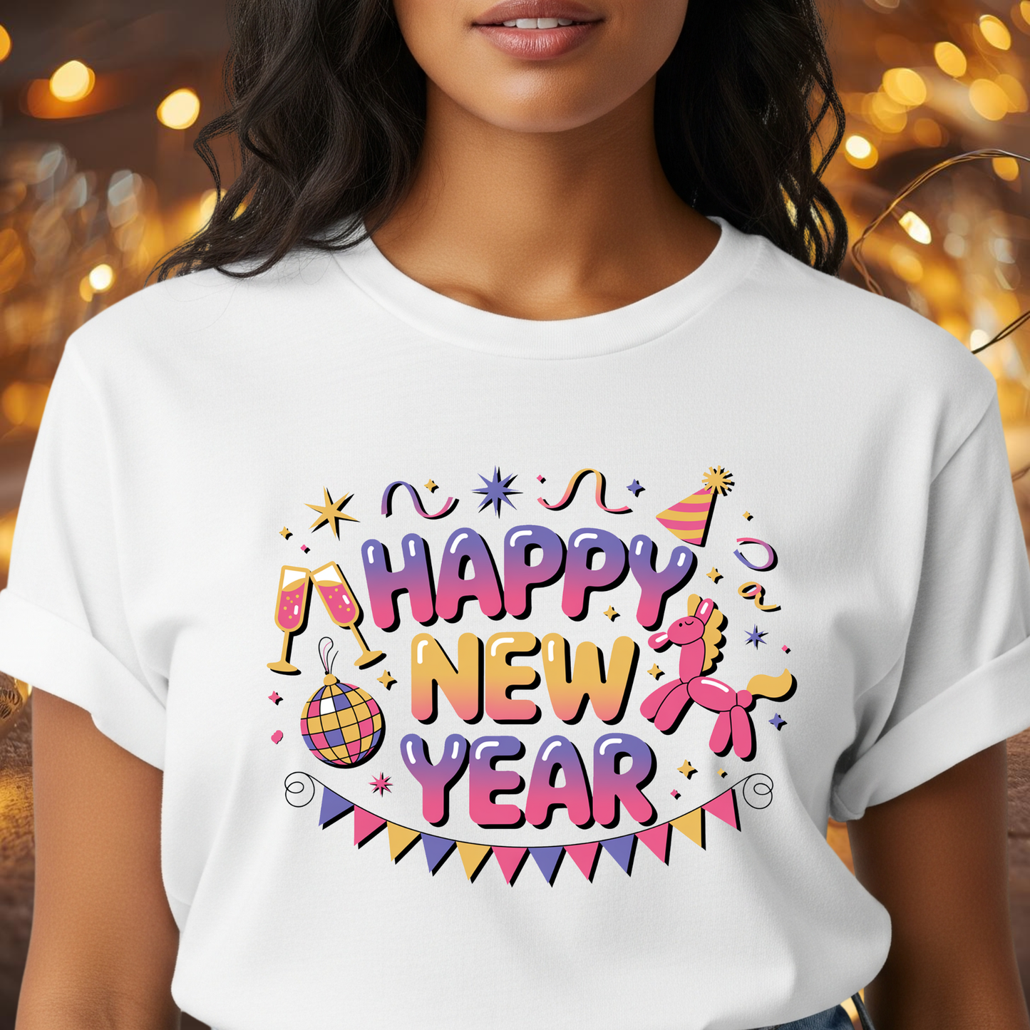 Happy New Year 2026 T-Shirt – Cute Colorful New Year Shirt, Fun Party Celebration Graphic Tee, Balloon Animal & Champagne NYE 2026 Top