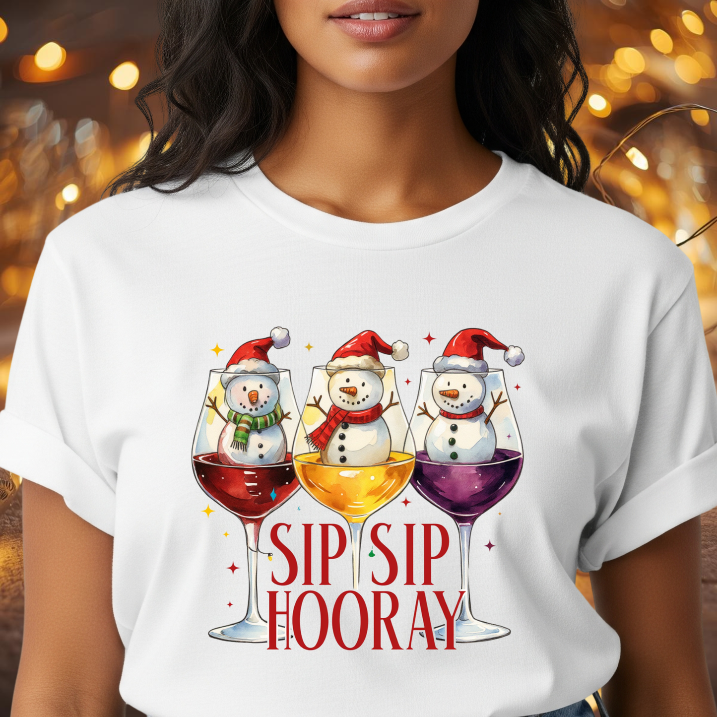 Sip Sip Hooray Christmas T-Shirt – Cute Snowman Wine Glass Holiday Tee, Funny Festive Drinking Shirt