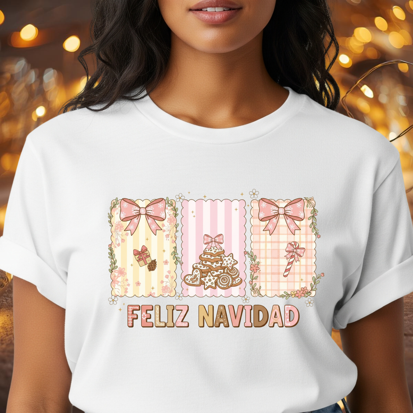 Feliz Navidad Christmas T-Shirt – Cute Pastel Holiday Tee with Bows & Gingerbread Design, Festive Spanish Christmas Shirt