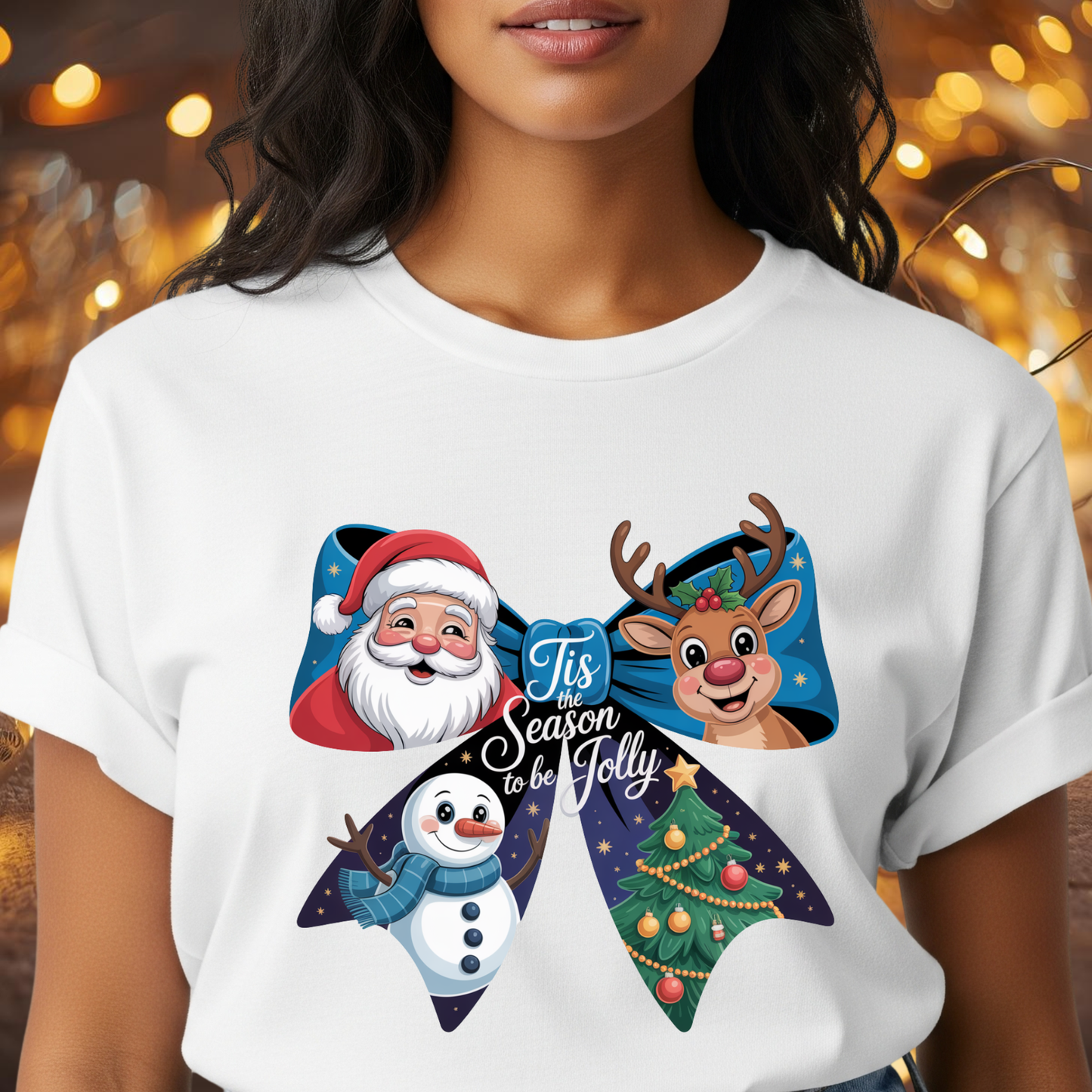 ’Tis the Season to Be Jolly Christmas T-Shirt – Cute Santa Reindeer Snowman & Christmas Tree Bow Holiday Tee
