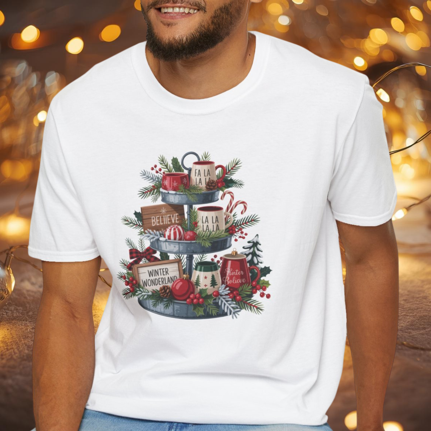 Christmas Mug Stack T-Shirt – Festive Holiday Tiered Tray Shirt with Fa La La Winter Wonderland Graphic Tee