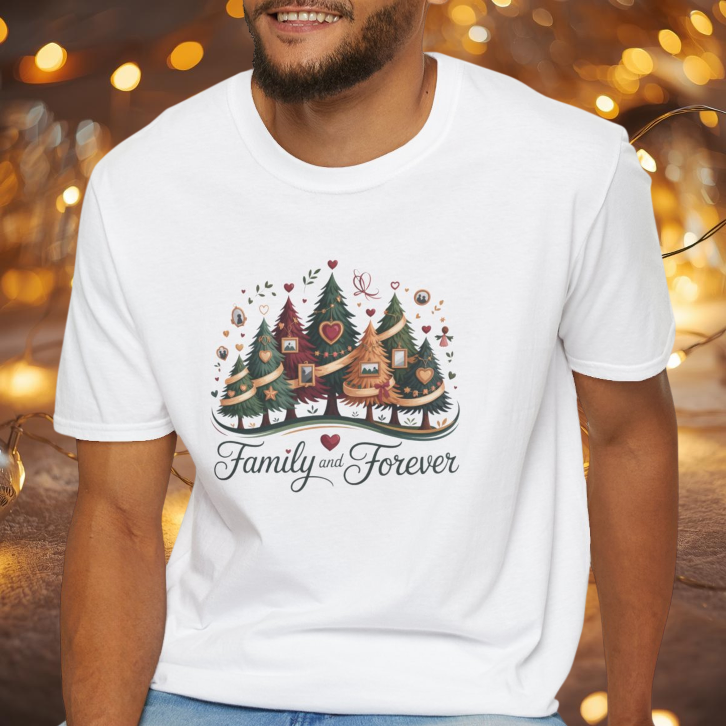 Family and Forever Christmas T-Shirt – Cozy Holiday Tree Design, Sentimental Family Christmas Tee for Winter Season