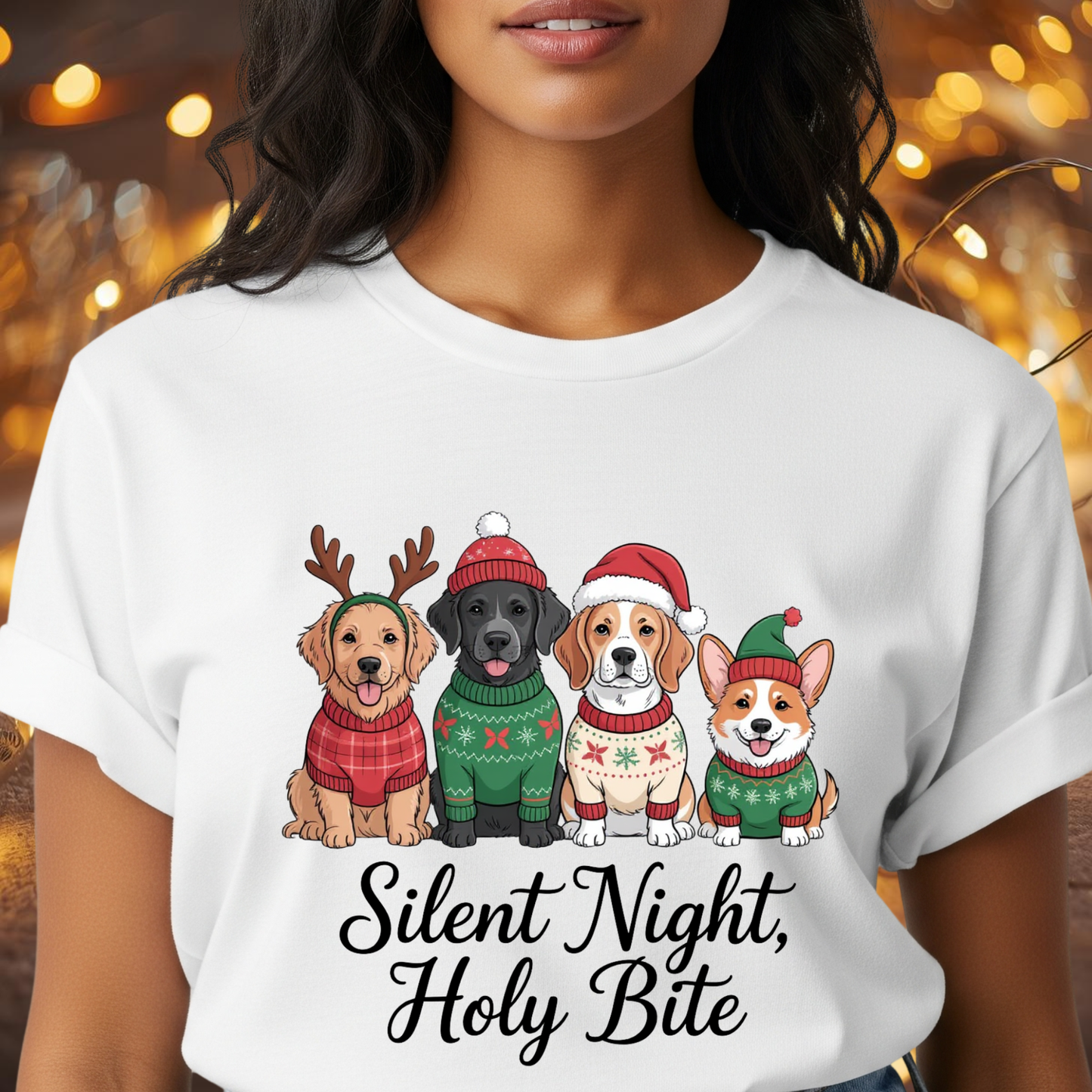 Silent Night Holy Bite Christmas Dog T-Shirt – Cute Holiday Puppy Sweater Tee, Funny Christmas Dog Lover Shirt
