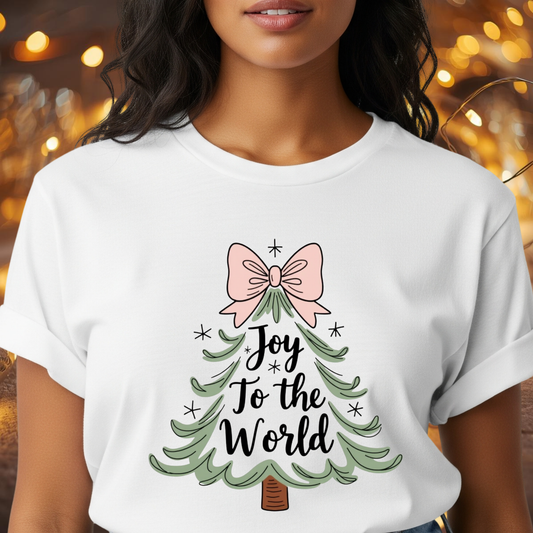 Joy to the World Christmas T-Shirt – Cute Pastel Bow Christmas Tree Tee, Festive Holiday Graphic Shirt for Women