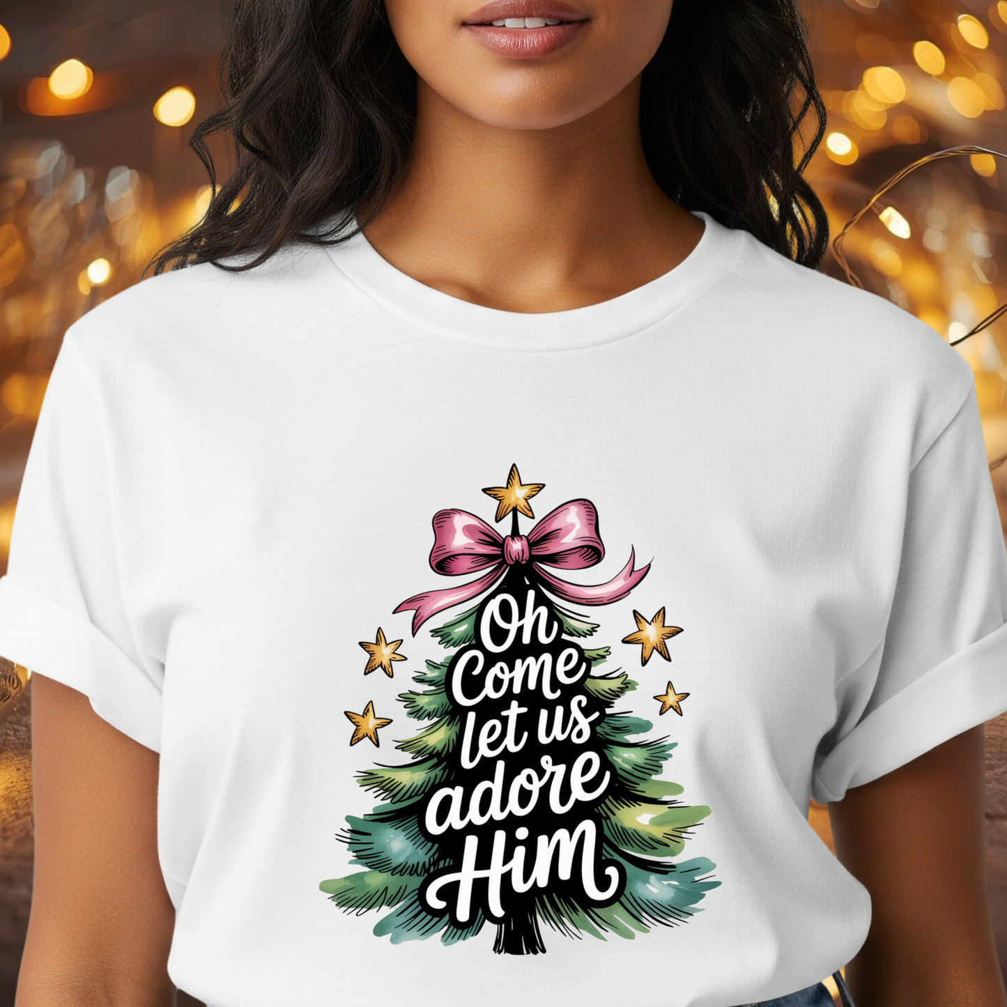 Oh Come Let Us Adore Him Christmas T-Shirt – Christian Holiday Tee with Bow and Christmas Tree Design
