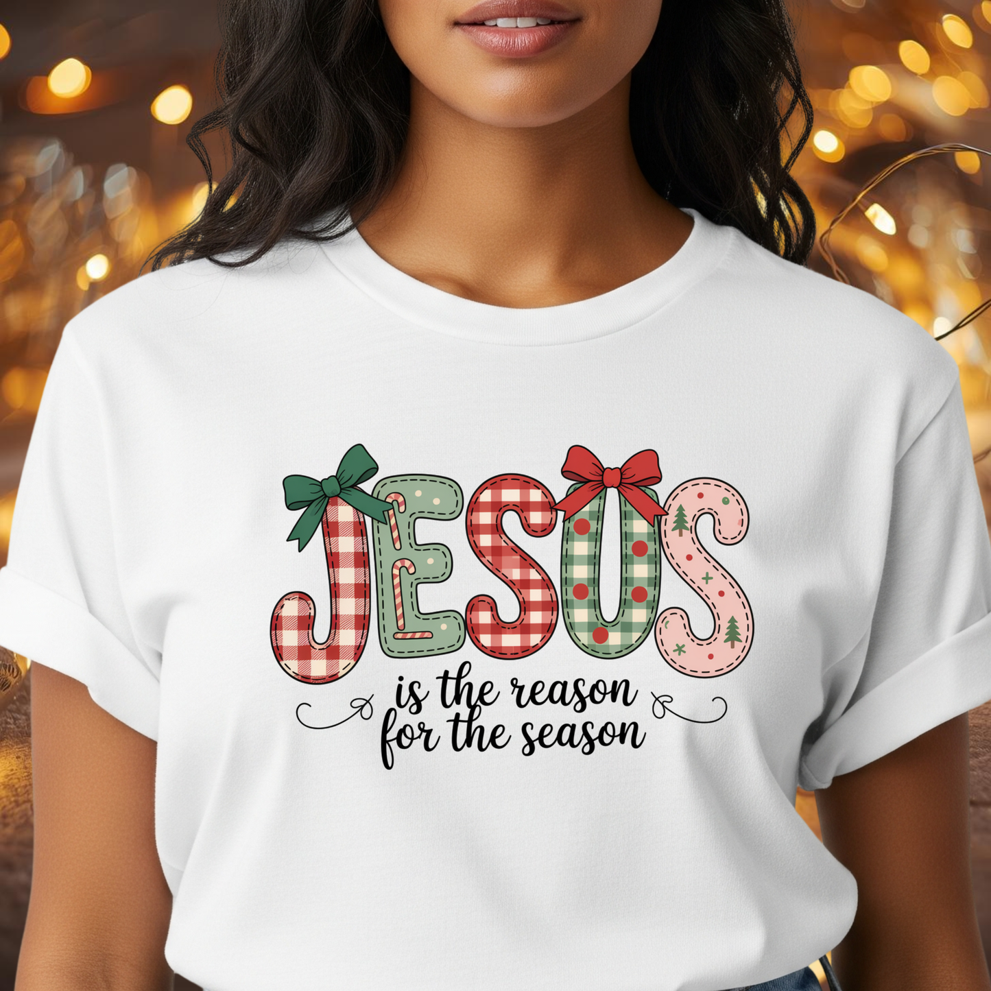 Jesus Is the Reason for the Season Christmas T-Shirt – Cute Plaid Holiday Christian Tee with Bows