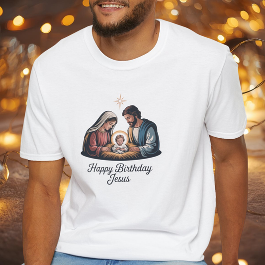 Happy Birthday Jesus Nativity T-Shirt – Christian Christmas Shirt with Mary Joseph & Baby Jesus, Faith Holiday Tee