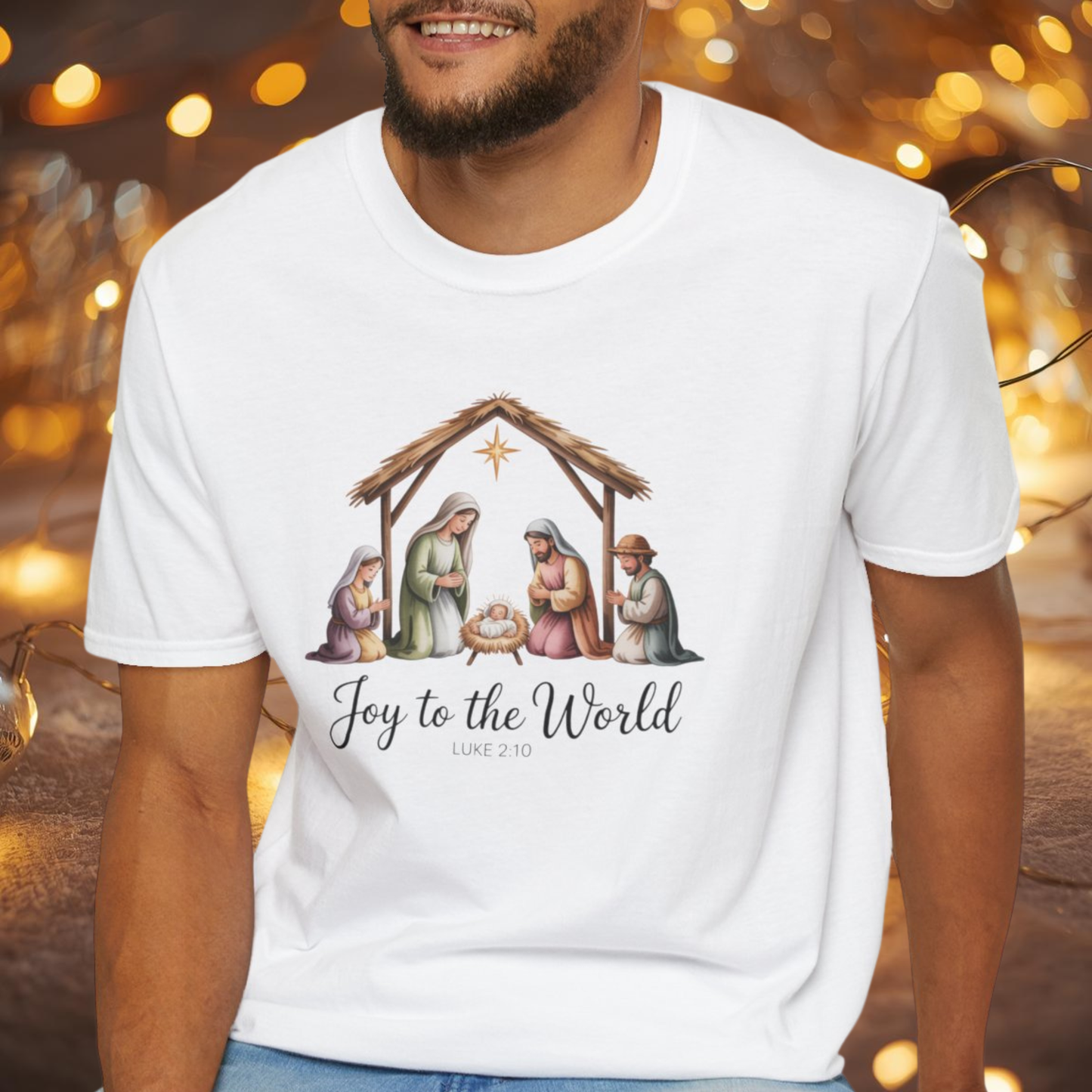 Joy to the World Nativity T-Shirt – Luke 2:10 Christmas Shirt with Holy Family, Christian Holiday Tee