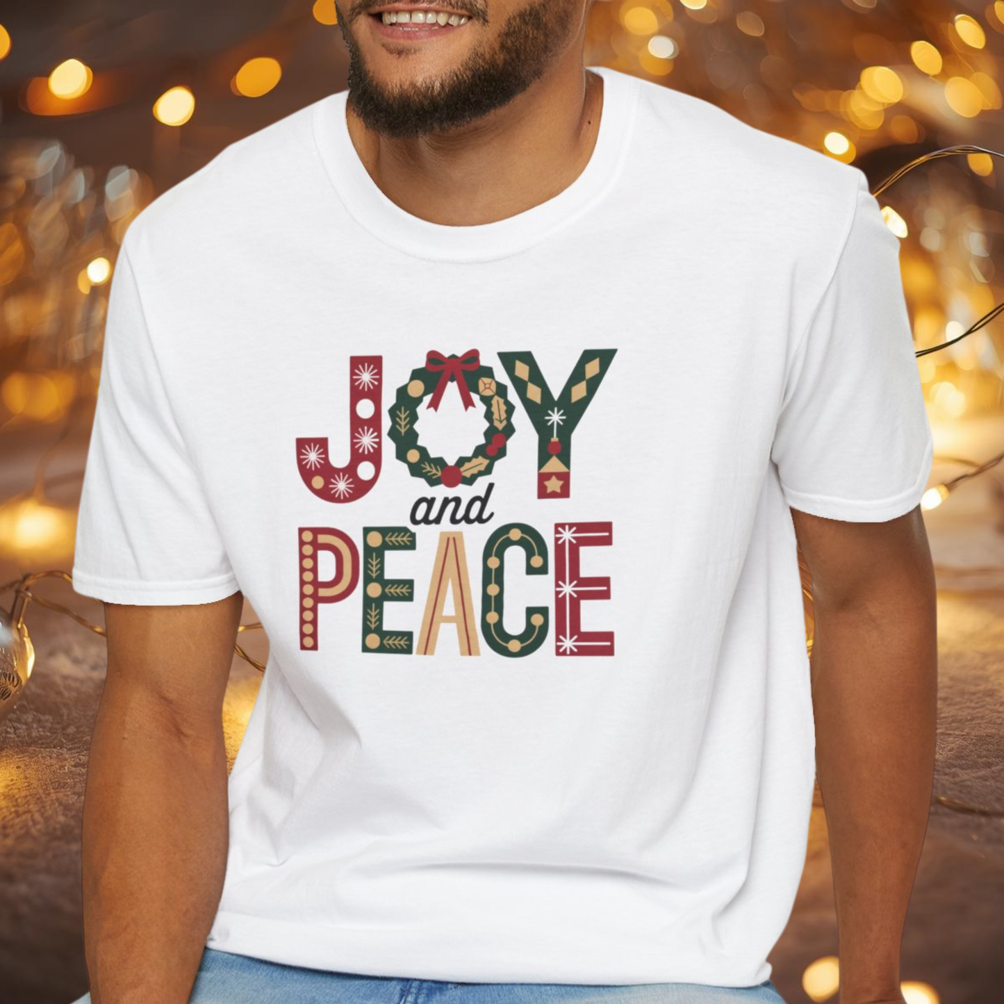 Joy and Peace Christmas T-Shirt – Festive Holiday Typography Tee with Wreath Design, Inspirational Christmas Shirt