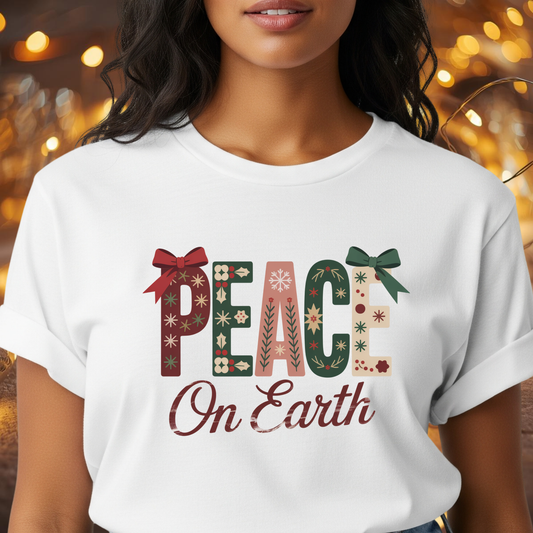 Joy and Peace Christmas T-Shirt – Festive Holiday Typography Tee with Wreath Design, Inspirational Christmas Shirt
