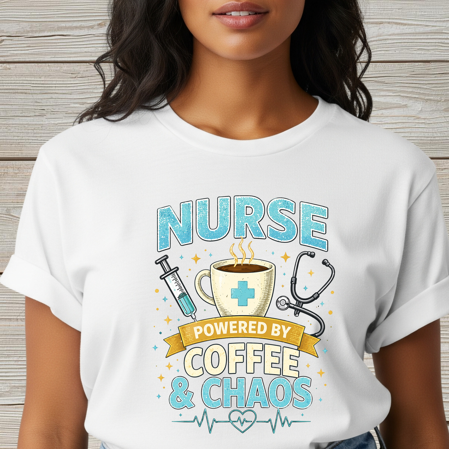 Nurse Powered by Coffee & Chaos Shirt, Funny Nurse Tee, RN CNA Gift, Nurse Life Graphic T-Shirt, Medical Worker Gift, Cute Nursing Shirt for Women Men