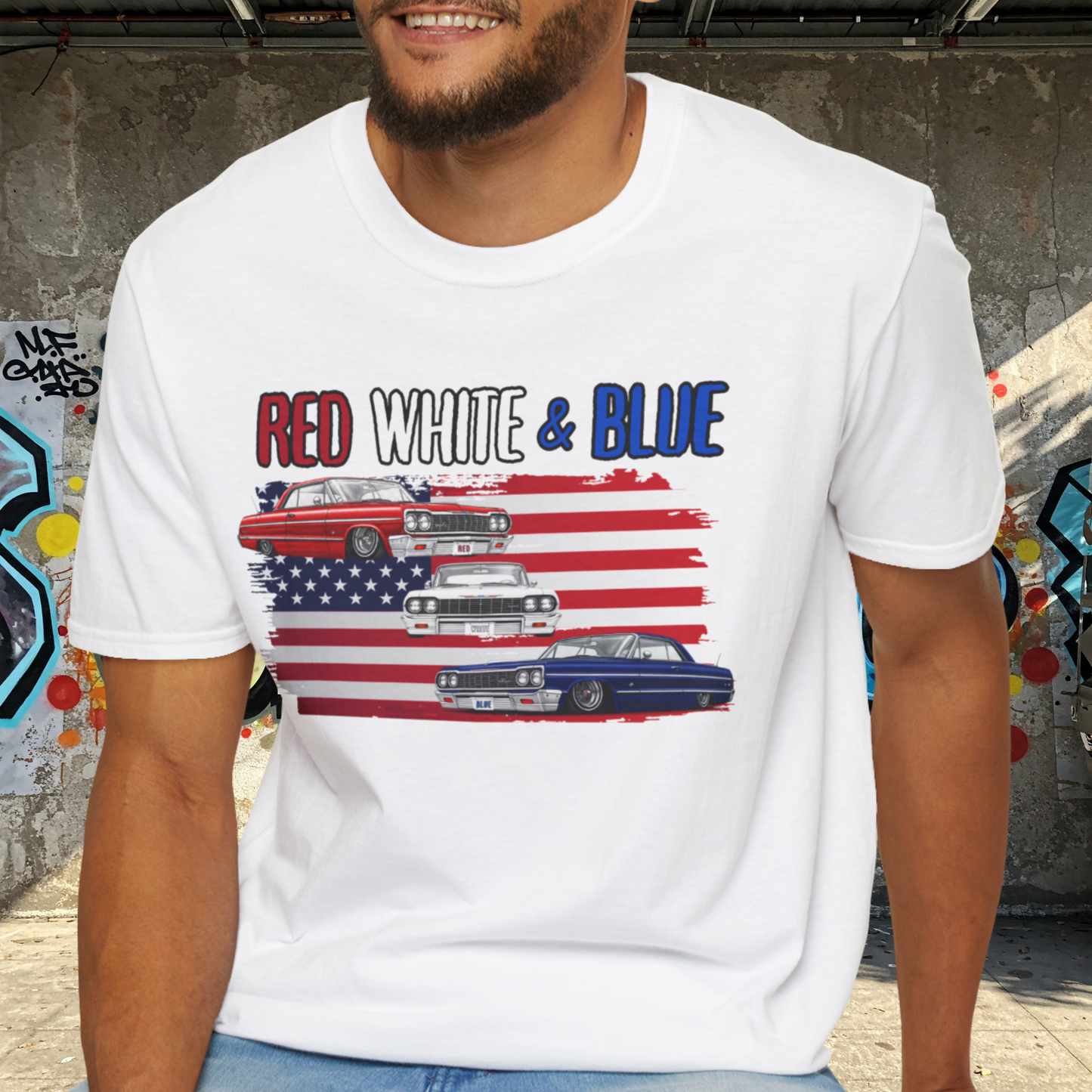 Patriotic Lowrider Shirt, Red White and Blue Car Tee, Classic Car Shirt, 4th of July Car Lover Gift, Unisex Auto Tee