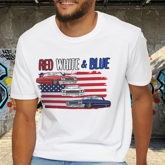 Patriotic Lowrider Shirt, Red White and Blue Car Tee, Classic Car Shirt, 4th of July Car Lover Gift, Unisex Auto Tee