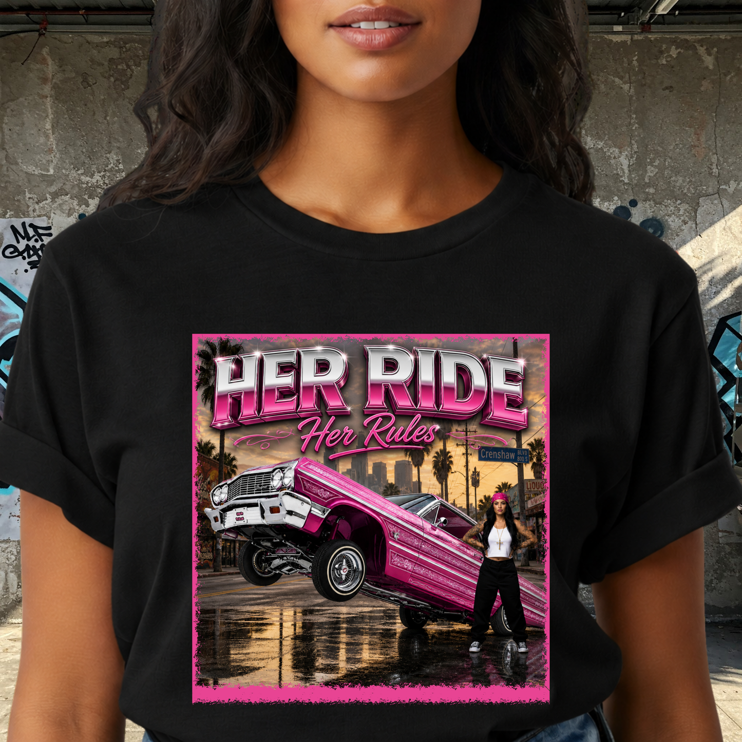 Women Lowrider Shirt, Her Ride Her Rules Tee, Pink Classic Car Graphic Shirt, Car Enthusiast Gift, Retro Auto Tee