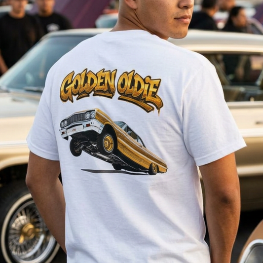 Back Print Lowrider Shirt, Golden Oldie Classic Car Tee, Vintage Car Enthusiast Shirt, Retro Auto Gift, Unisex Car Lover Tee