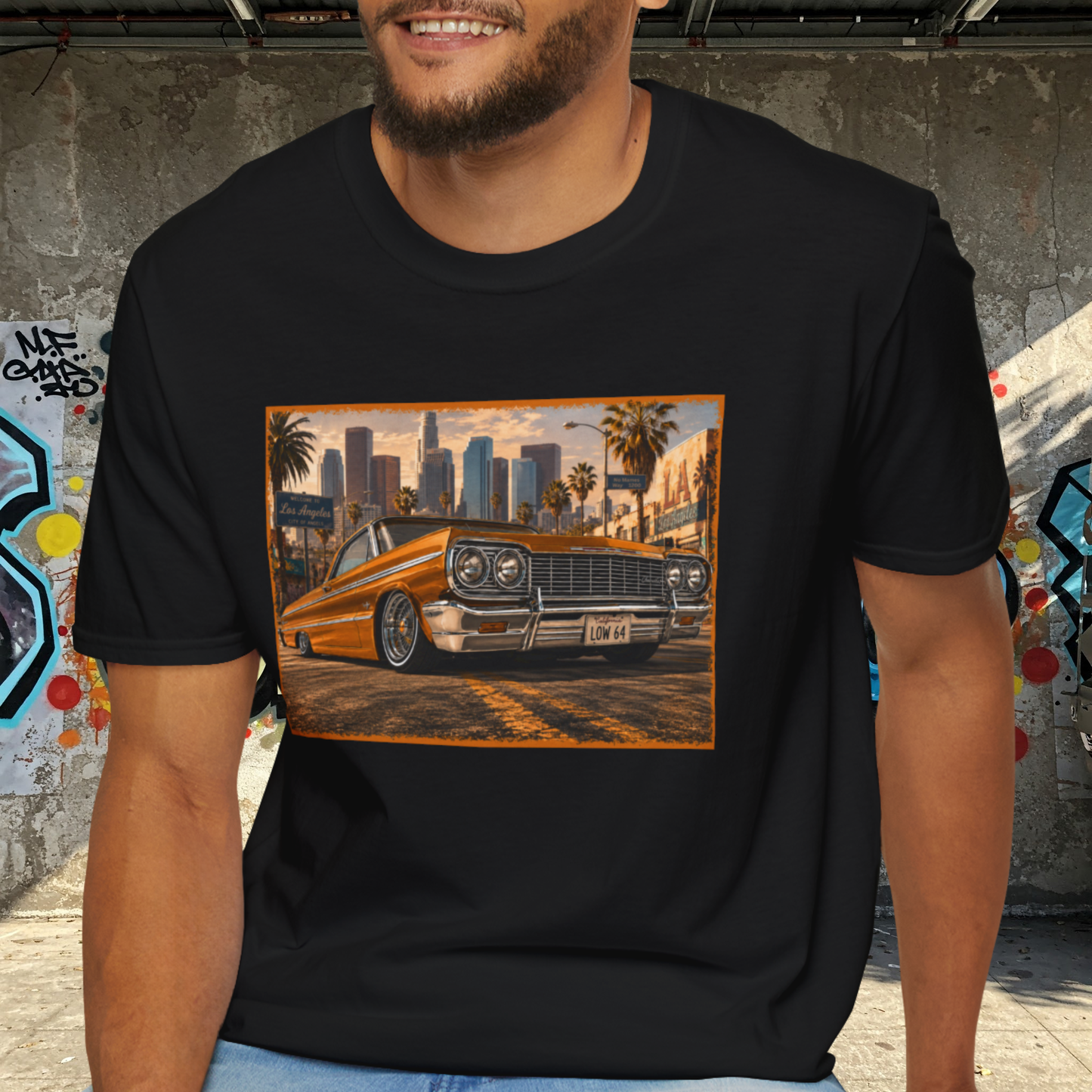 Los Angeles Lowrider T-Shirt, Orange Classic Car Graphic Tee, 1964 Style Car Shirt for Car Lovers