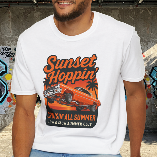 Lowrider Summer Shirt, Sunset Hoppin Tee, Cruisin All Summer Graphic Shirt, Low and Slow Car Tee, Unisex Car Lover Gift