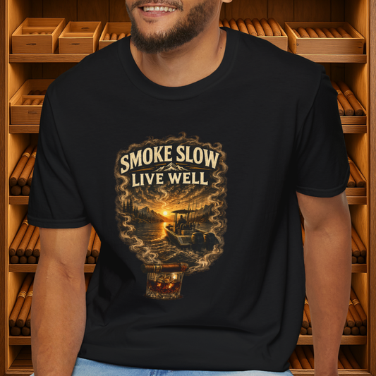 Smoke Slow Live Well Cigar T-Shirt – Whiskey & Outdoor Boating Lifestyle Cigar Tee