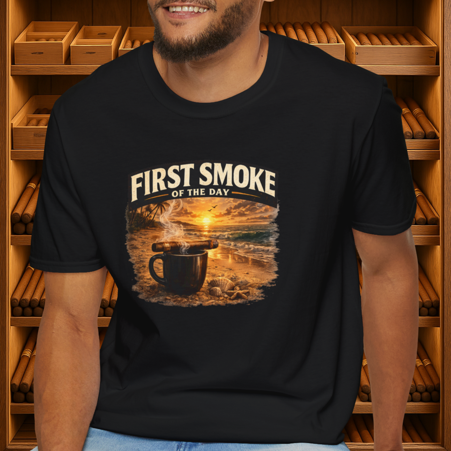 First Smoke of the Day T-Shirt – Cigar & Coffee Beach Sunrise Tee