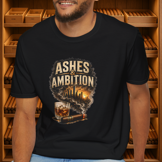 Ashes & Ambition Cigar T-Shirt – Whiskey, Success & Hustle Lifestyle Tee