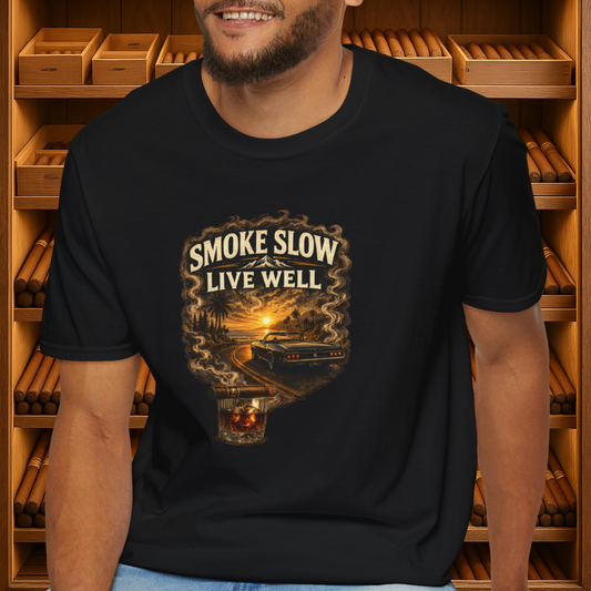 Smoke Slow Live Well Classic Car T-Shirt – Cigar, Whiskey & Sunset Cruise Tee