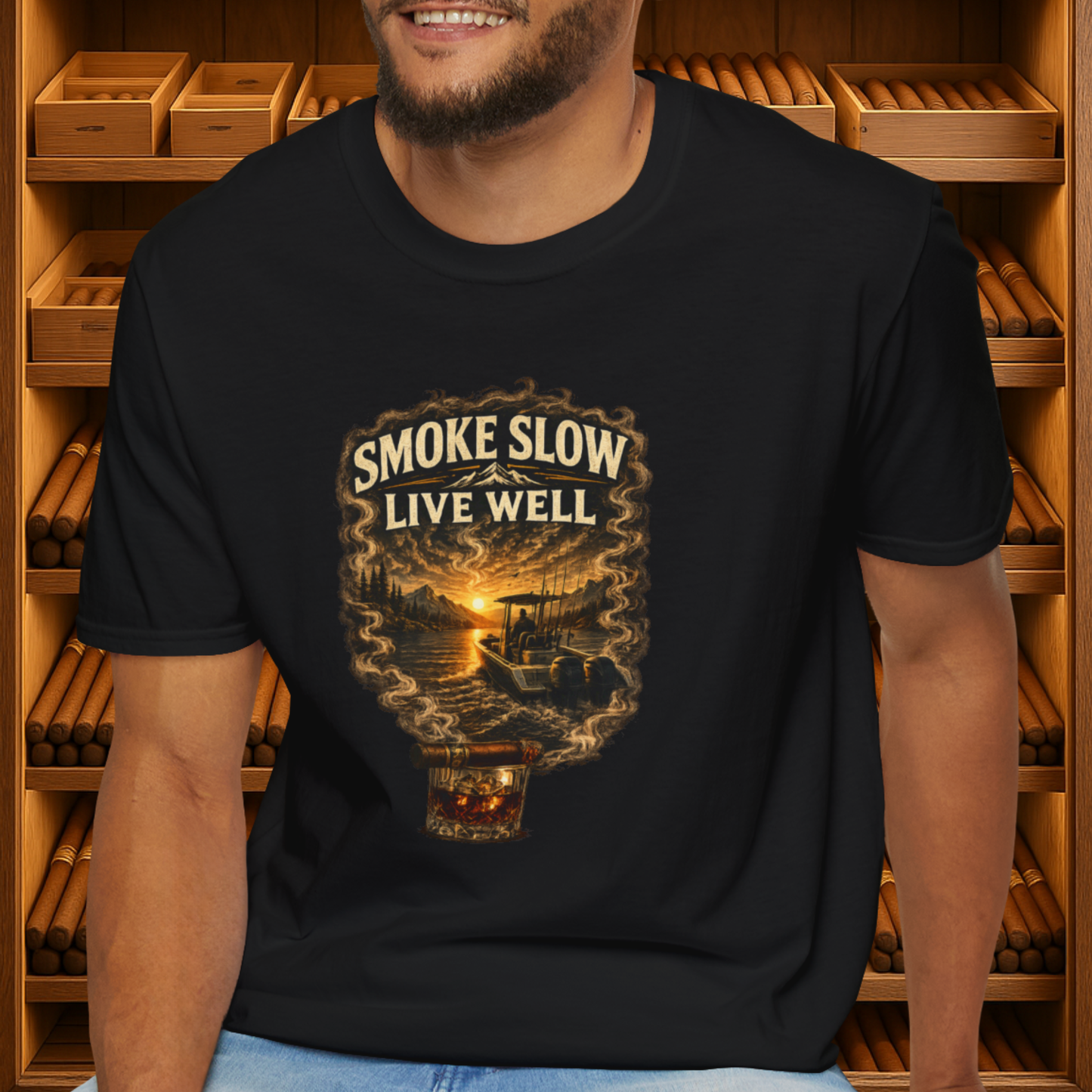 Smoke Slow Live Well Fishing T-Shirt – Cigar, Whiskey & Angler Lifestyle Tee