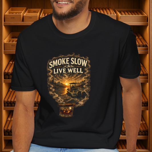 Smoke Slow Live Well Fishing T-Shirt – Cigar, Whiskey & Angler Lifestyle Tee