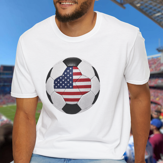 USA Soccer Ball Shirt, American Flag Soccer Tee, Red White Blue Soccer T-Shirt, Patriotic Game Day Fan Shirt