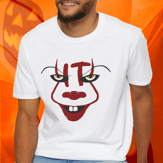 Horror Movie Villain Pennywise Softstyle T-Shirt, IT Scary Movie Tee, Halloween Shirt, Horror Movie Fan Gift, IT Horror Movie Characters