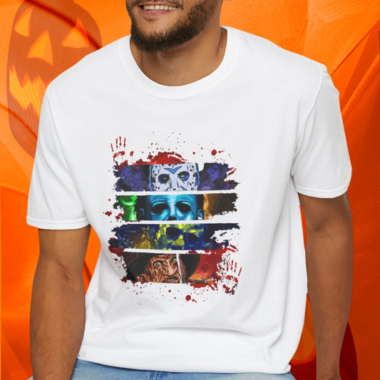 Horror Movie Villains Halloween Softstyle T-Shirt, Scary Movie Tee, Halloween Shirt, Horror Movie Fan Gift, Horror Movie Characters