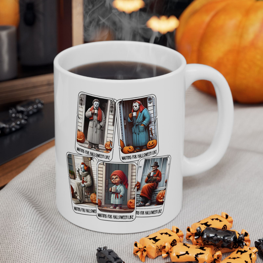 Horror Movie Villains waiting for Halloween  Mug - Halloween Horror Lovers, Coffee Lovers, Spooky Gifts, Unique Home Decor, 11oz 15oz