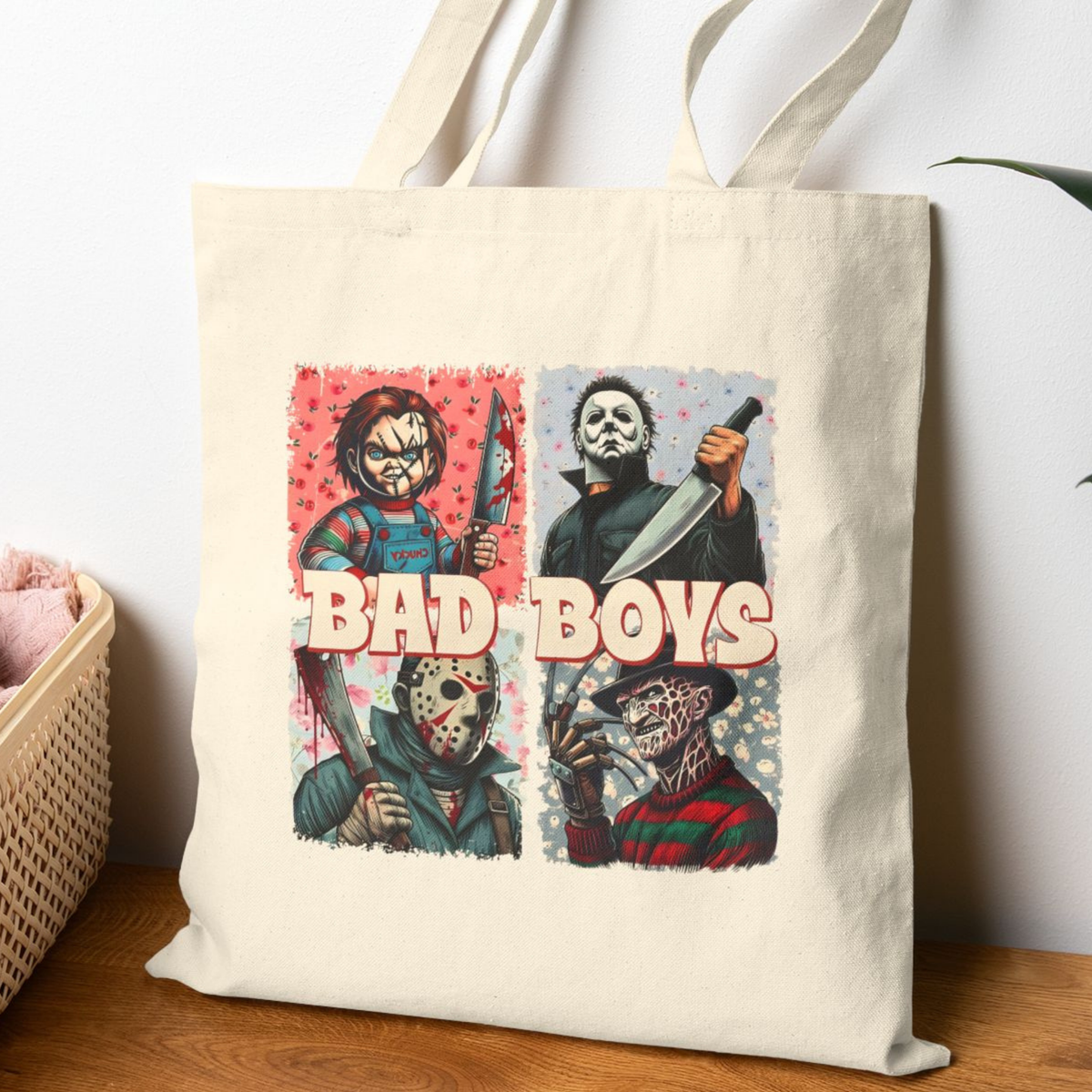 Horror Movie Villains Halloween Bad Boys Tote Bag, Halloween Gifts for shoppers, Horror Movie Fan Gift, Villains Movie Characters