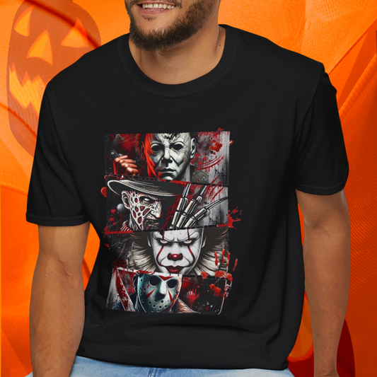 Horror Movie Villains Halloween Softstyle T-Shirt, Scary Movie Tee, Halloween Shirt, Horror Movie Fan Gift, Horror Movie Characters