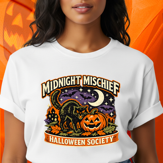 Halloween Black Cat Shirt, Midnight Mischief Halloween Society Tee, Pumpkin Cat T-Shirt, Cute Spooky Season Shirt, Fall Gift