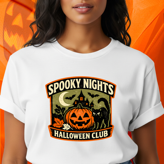 Halloween Black Cat Shirt, Spooky Nights Halloween Club Tee, Pumpkin Cat T-Shirt, Cute Halloween Shirt, Fall Graphic Tee
