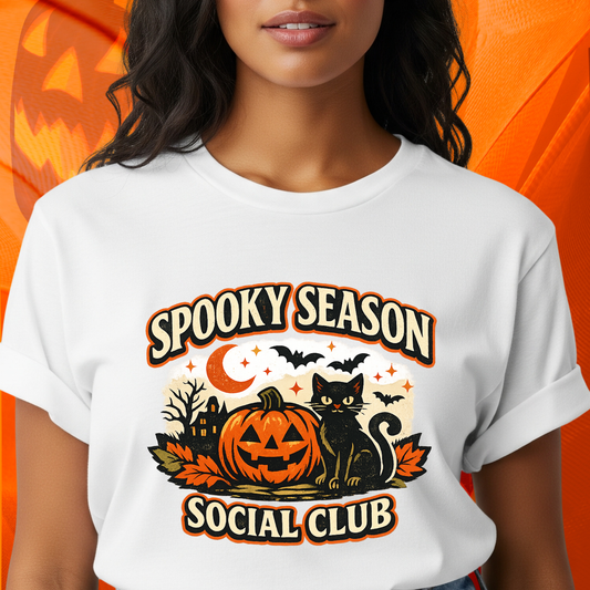 Halloween Black Cat Shirt, Spooky Season Social Club Tee, Pumpkin Cat T-Shirt, Cute Halloween Shirt, Fall Graphic Tee