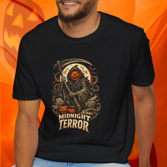 Halloween Horror Shirt, Midnight Terror T-Shirt, Pumpkin Reaper Tee, Scary Spooky Season Shirt, Haunted Halloween Gift