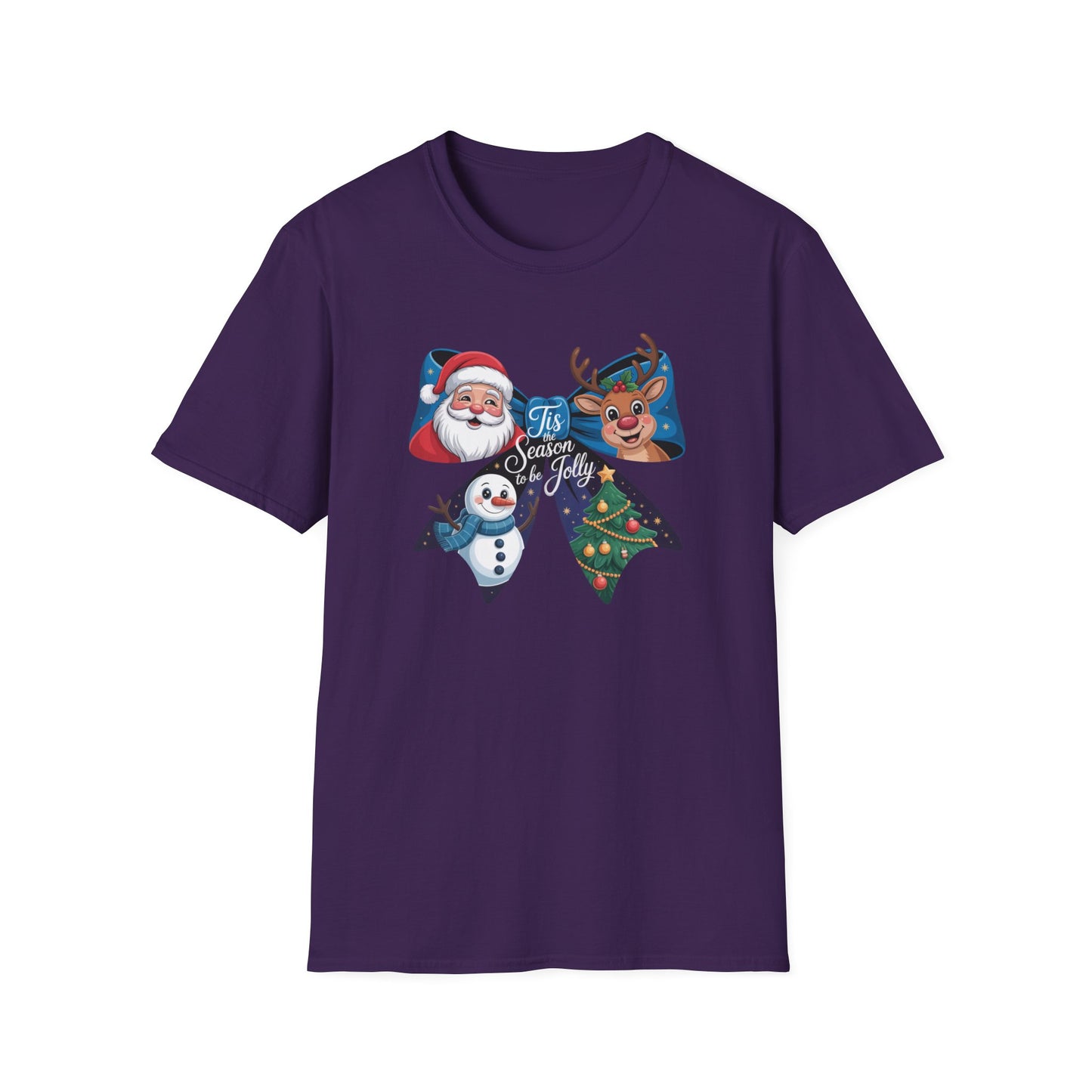 ’Tis the Season to Be Jolly Christmas T-Shirt – Cute Santa Reindeer Snowman & Christmas Tree Bow Holiday Tee