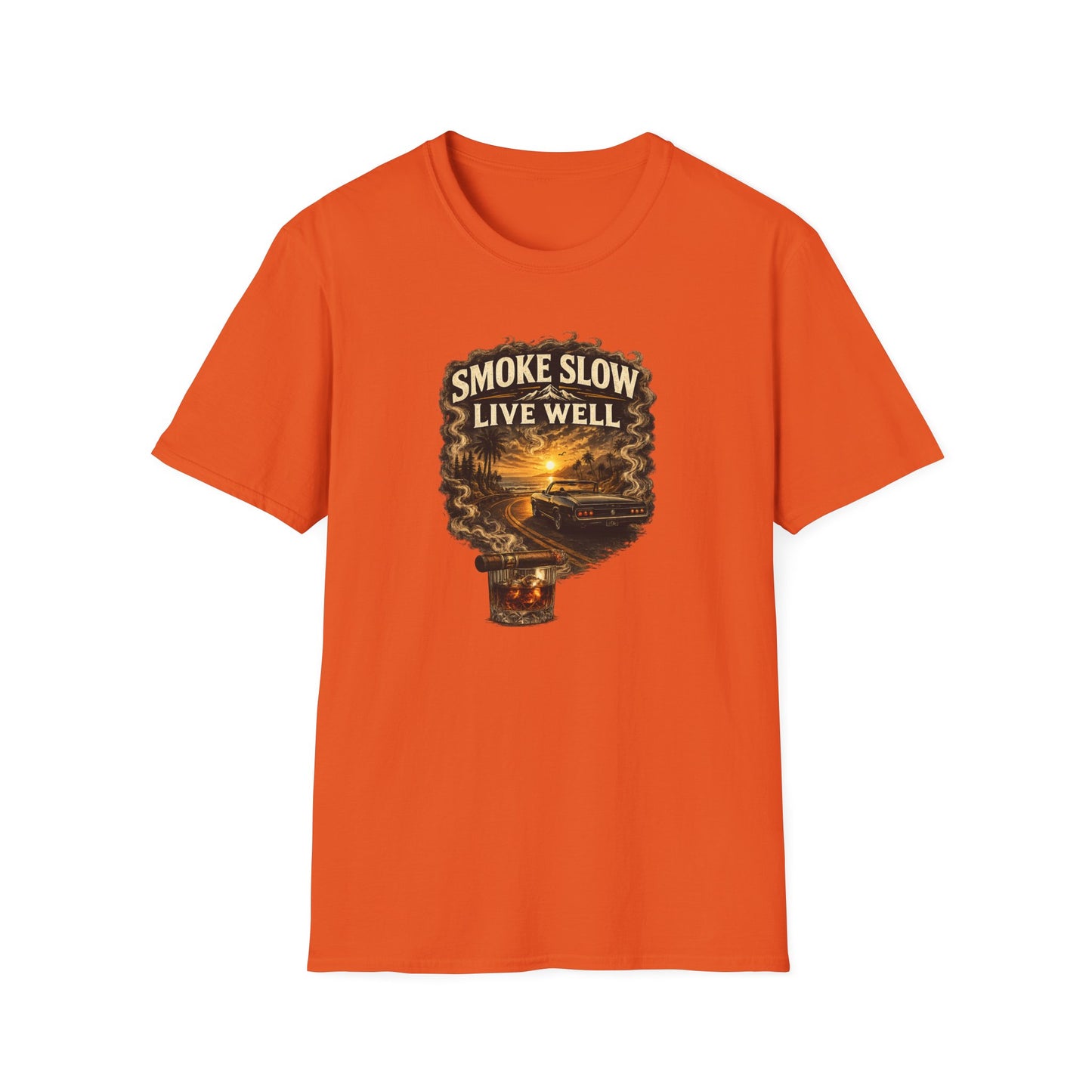 Smoke Slow Live Well Classic Car T-Shirt – Cigar, Whiskey & Sunset Cruise Tee  ⭐ Product Description