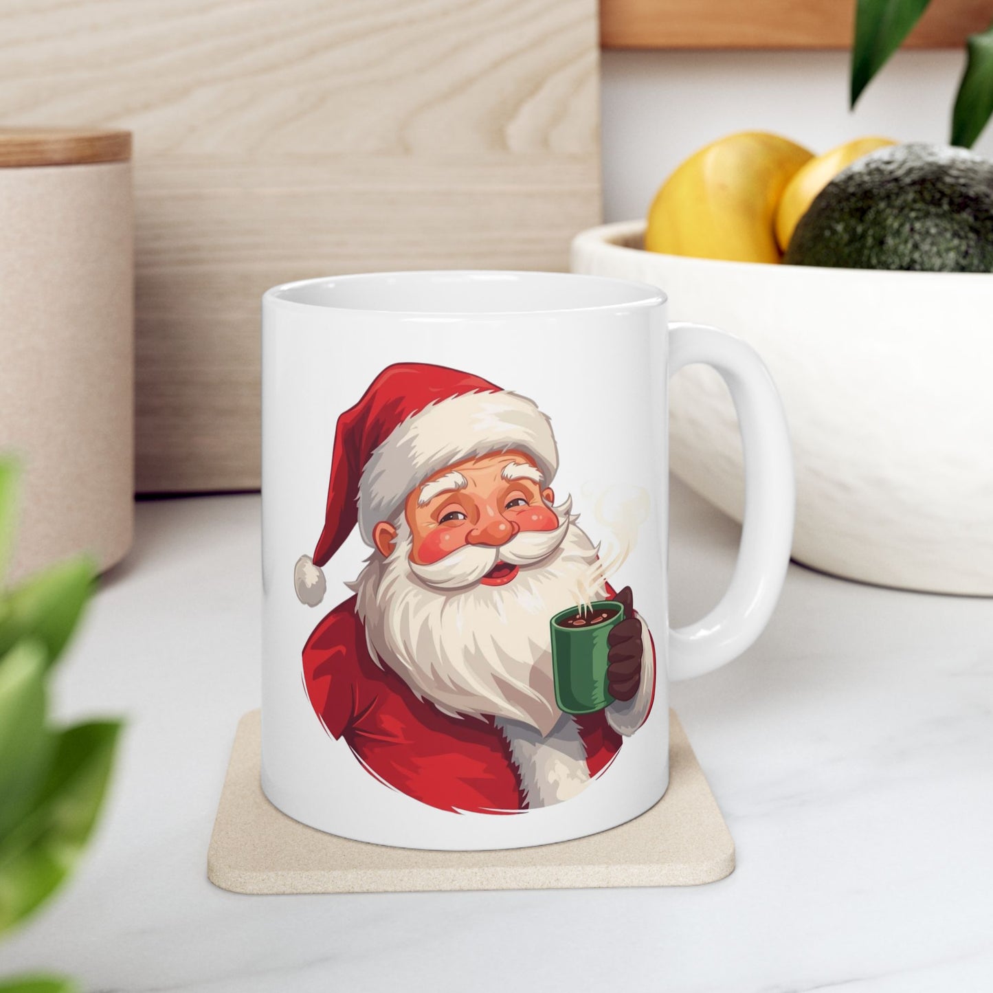 Santa enjoying Hot Chocolate Mug – Cute Holiday Coffee Cup, Festive Santa Ceramic Mug, Christmas Gift Idea (11oz/15oz)