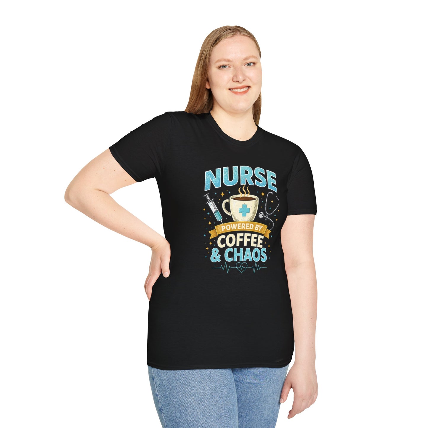 Nurse Powered by Coffee & Chaos Shirt, Funny Nurse Tee, RN CNA Gift, Nurse Life Graphic T-Shirt, Medical Worker Gift, Cute Nursing Shirt for Women Men