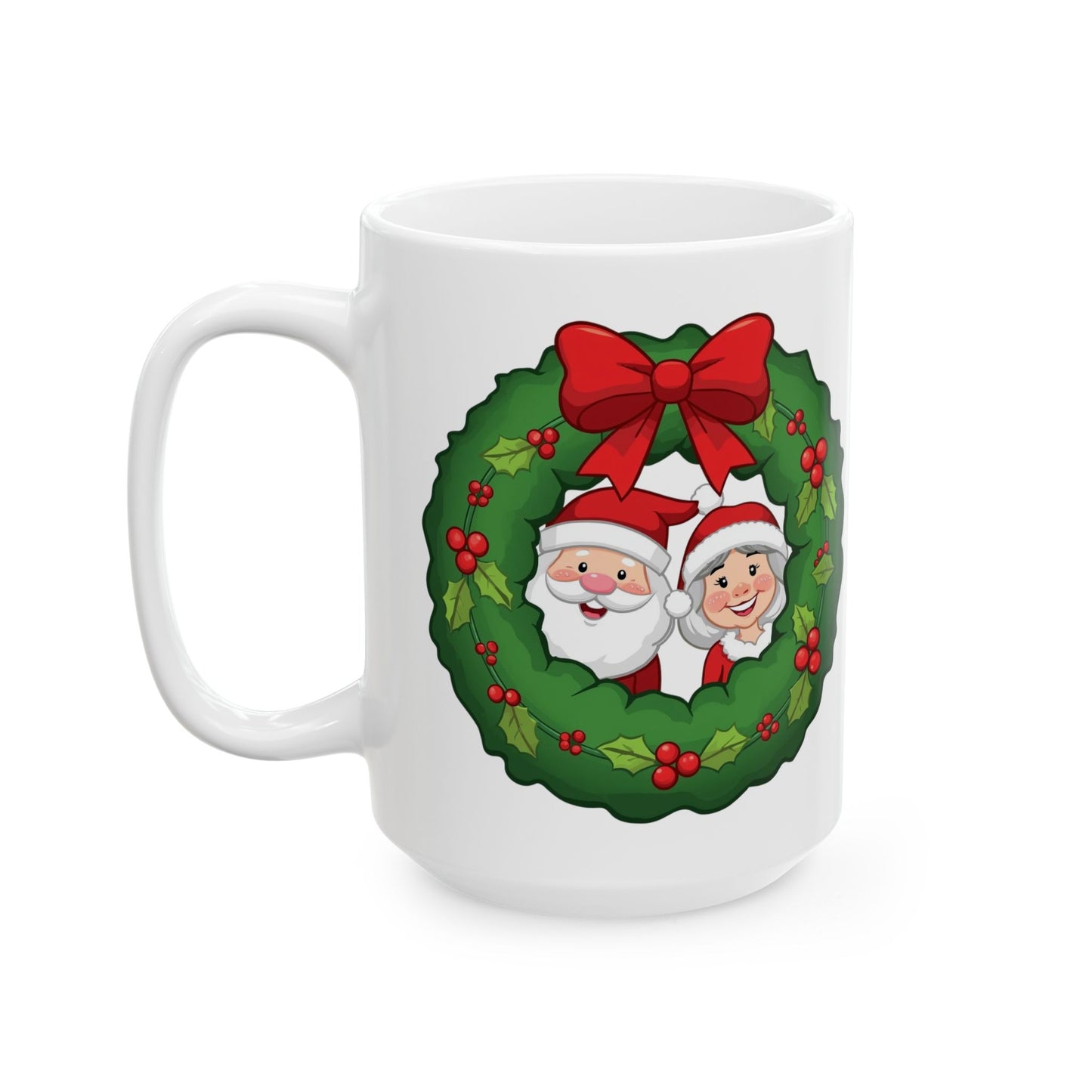 Santa and Mrs. Claus in a Wreath Mug – Cute Holiday Coffee Cup, Festive Santa Ceramic Mug, Christmas Gift Idea (11oz/15oz)
