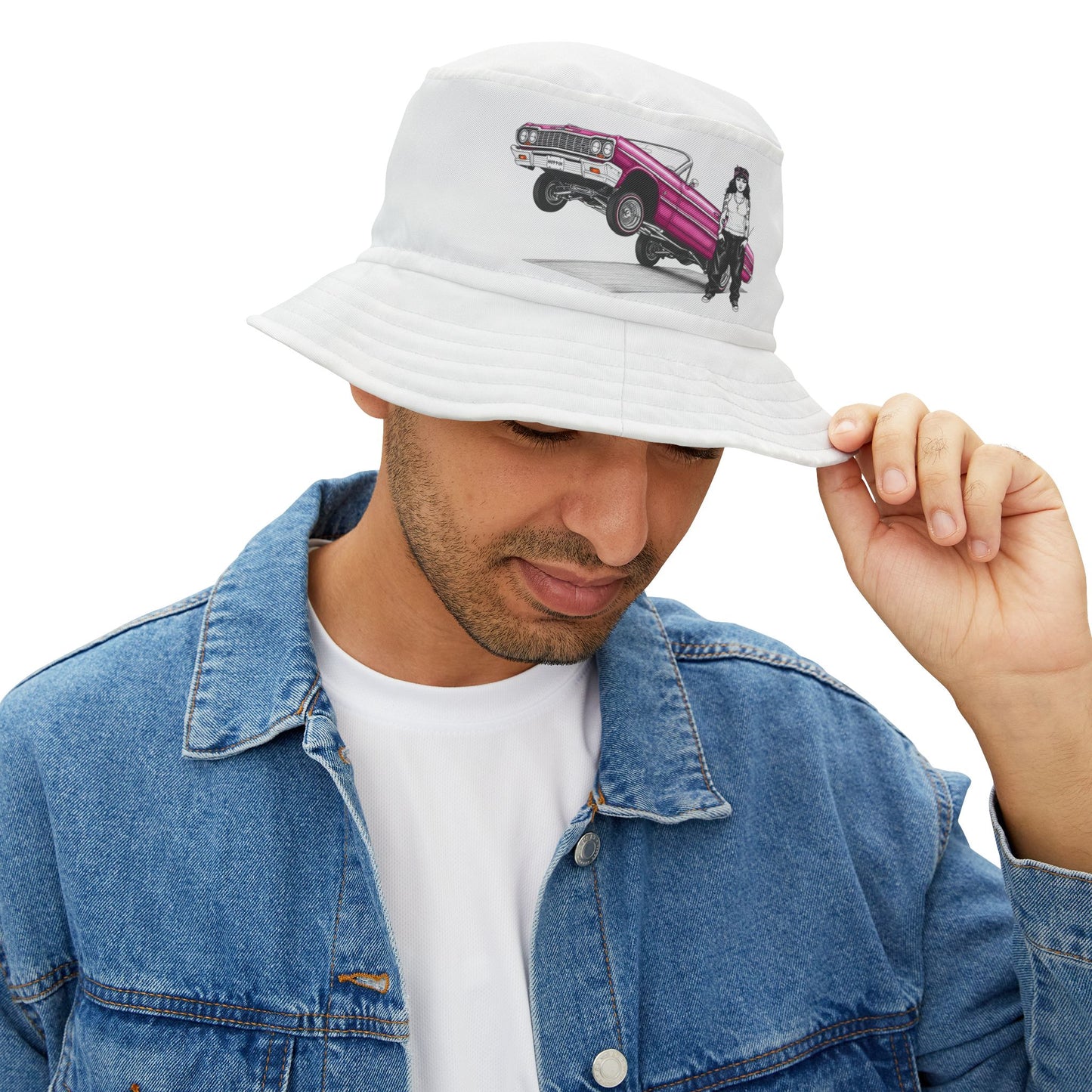 1964 Chevy Impala Hydraulics Lowrider Ink Drawing Bucket Hat - Old School Hip Hop Cholo Art Hat Design - Chicano Car Club Graphic Hat