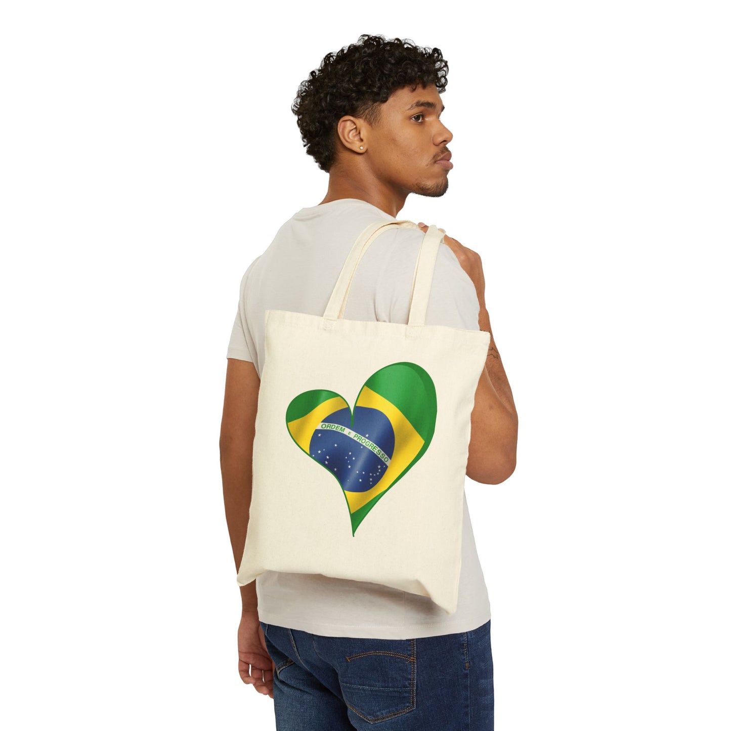 Brazil Flag Heart Tote Bag, Cotton Canvas Grocery Shopping Beach Handbag, Brazilian Pride Gift, Patriotic Shoulder Bag