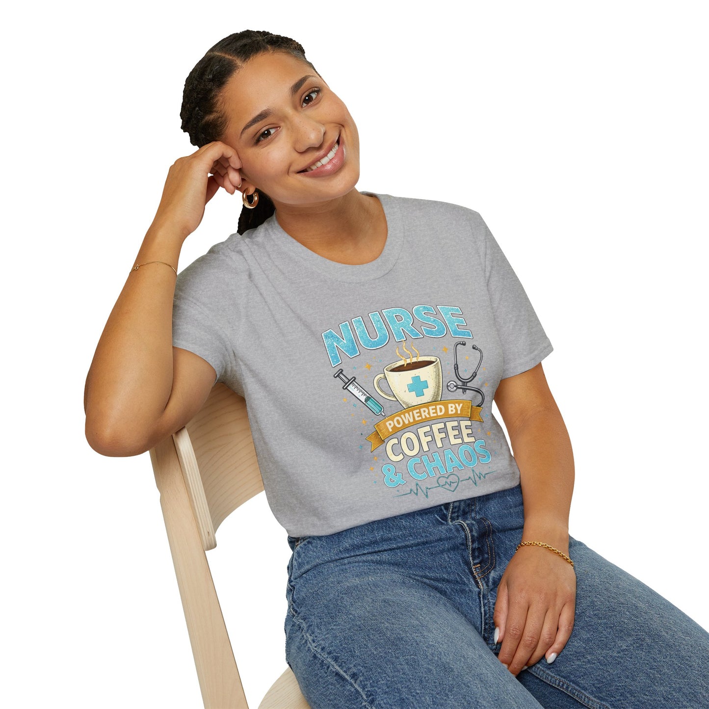 Nurse Powered by Coffee & Chaos Shirt, Funny Nurse Tee, RN CNA Gift, Nurse Life Graphic T-Shirt, Medical Worker Gift, Cute Nursing Shirt for Women Men