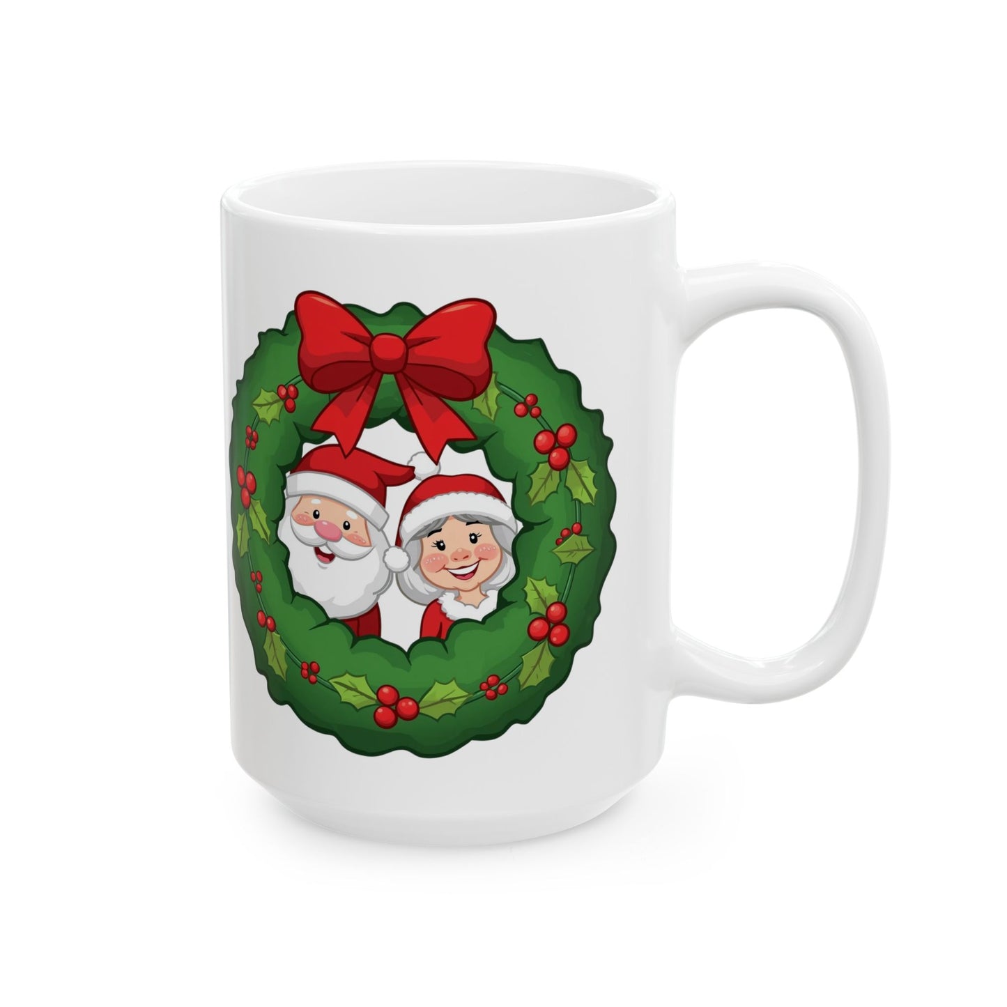 Santa and Mrs. Claus in a Wreath Mug – Cute Holiday Coffee Cup, Festive Santa Ceramic Mug, Christmas Gift Idea (11oz/15oz)