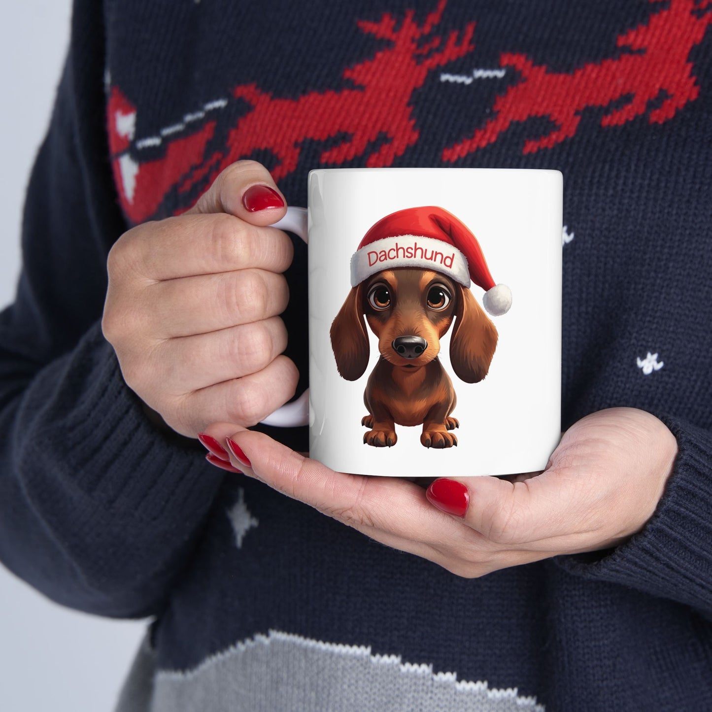 Dachshund Holiday Portrait Mug – Cute Holiday Coffee Cup, Festive Dachshund Ceramic Mug, Christmas Gift Idea (11oz/15oz)