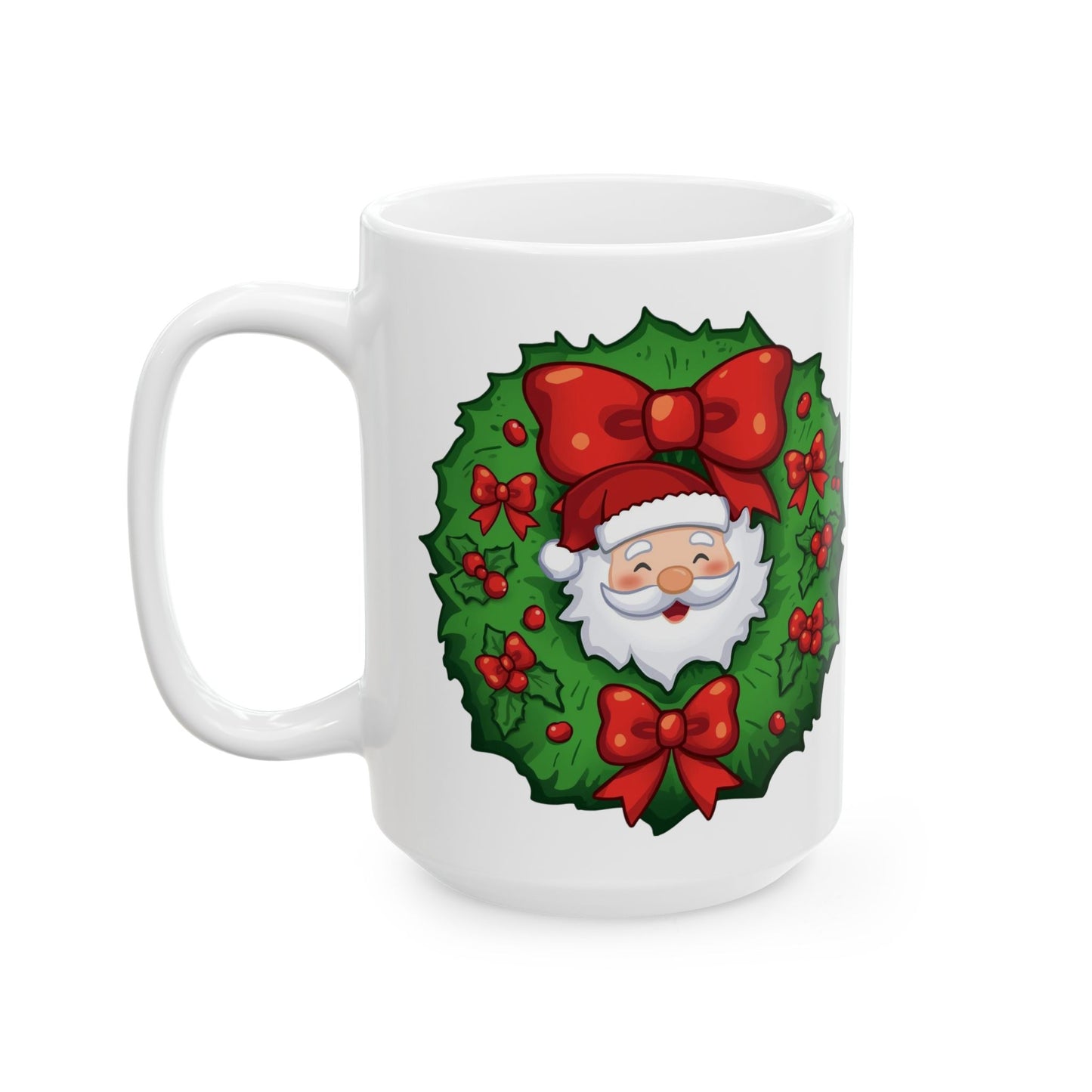 Santa in the Wreath Mug – Cute Holiday Coffee Cup, Festive Santa Ceramic Mug, Christmas Gift Idea (11oz/15oz)
