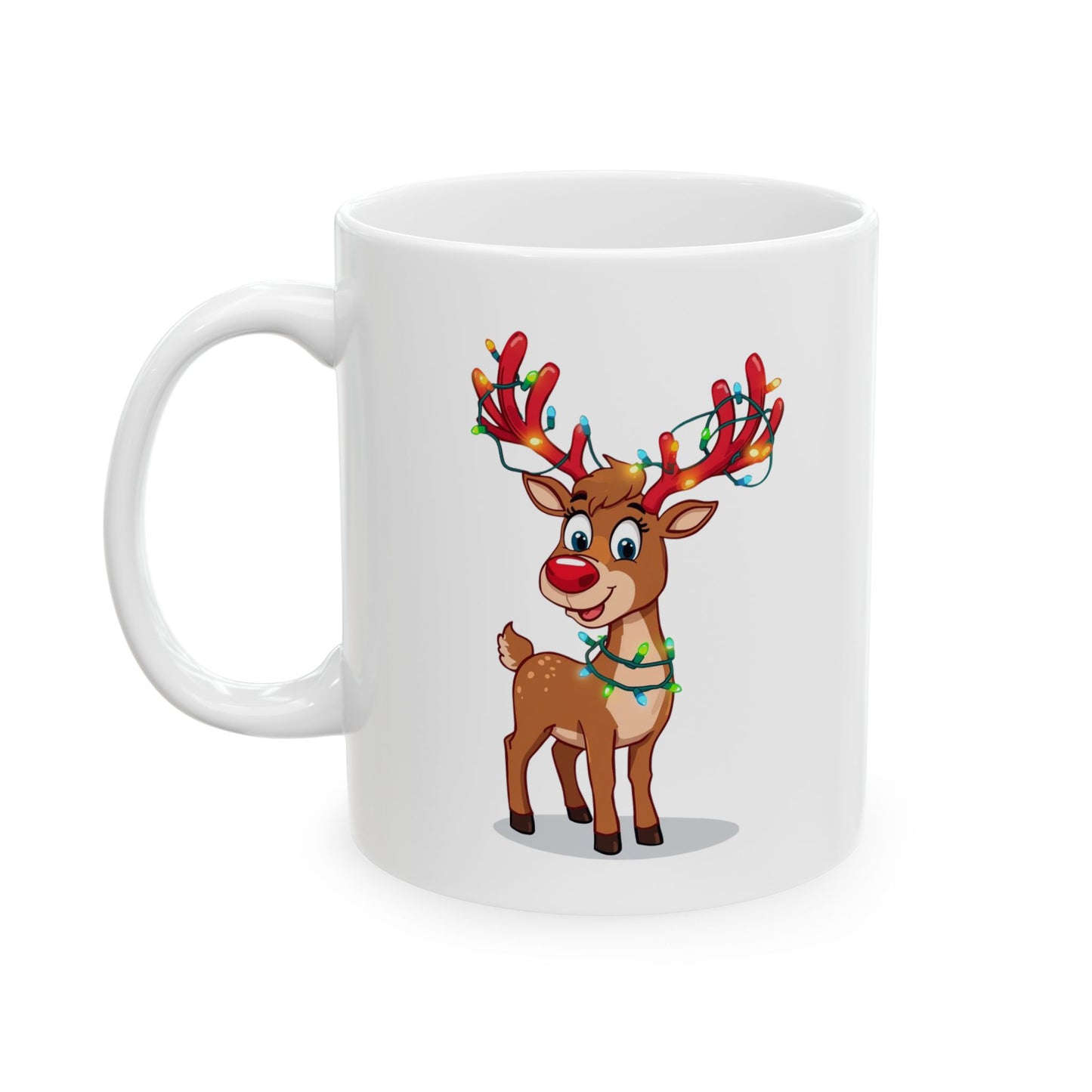 Reindeer Christmas Lights Mug – Cute Holiday Coffee Cup, Festive Reindeer Ceramic Mug, Christmas Gift Idea (11oz/15oz)